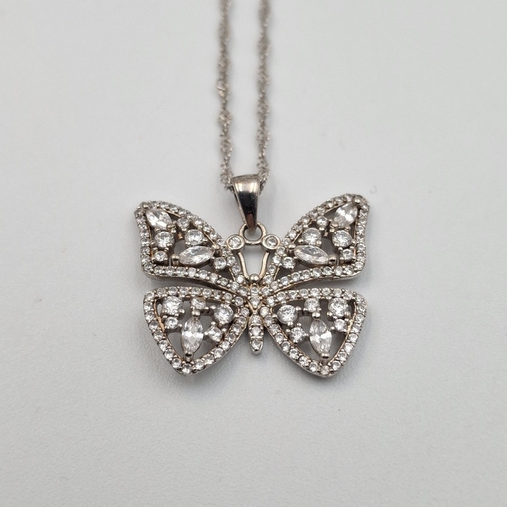 Paz Creations Sterling‎ Silver 925 Butterfly Filigree Necklace CZ Set Signed PZ